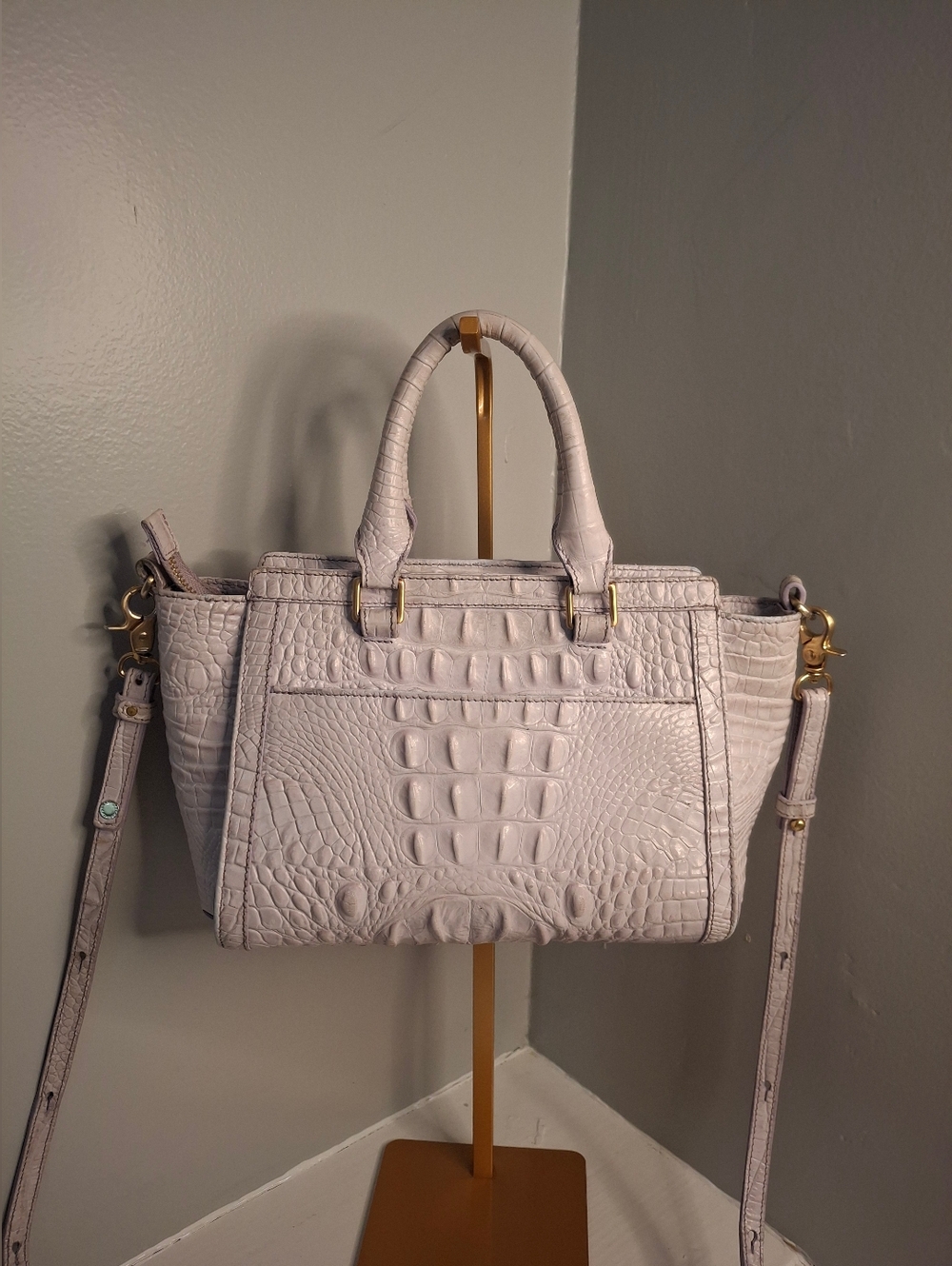 Brahmin Pale Lilac & White Embossed Leather Satchel with Gold Hardware GUC - Picture 2 of 5